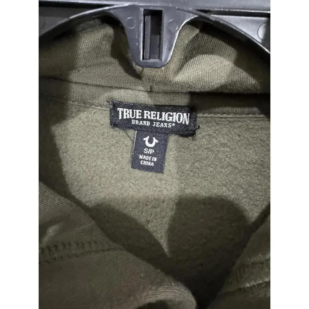 True Religion Army Green And Pink Logo Cropped Hoodie Sweatshirt- Size Small - Picture 4 of 9